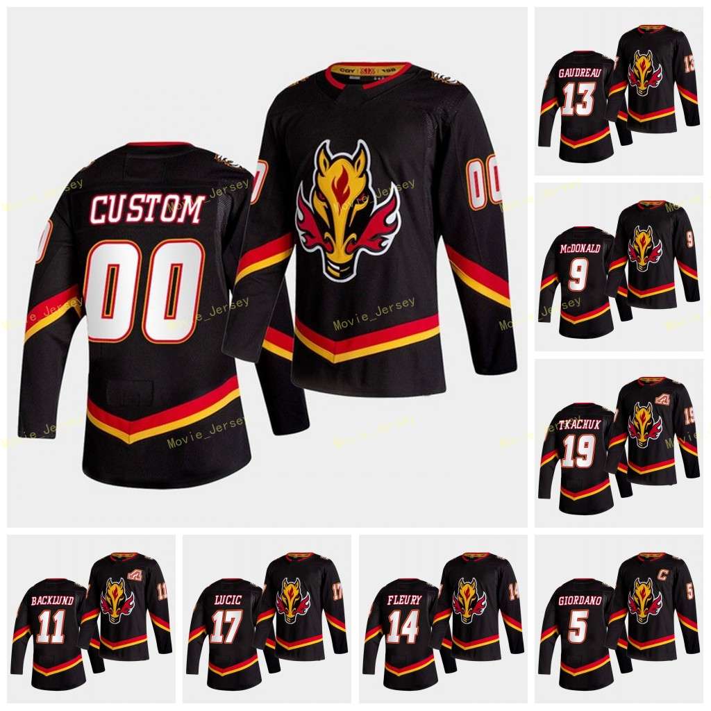 

Calgary Flames 2021 Reverse Retro Mark Giordano Matthew Tkachuk Johnny Gaudreau Sam Bennett Elias Lindholm Rittich Backlund Hamonic Jerseys, Black;red