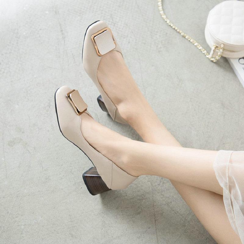 

Sianie Tianie 2020 lady office pumps PU chunky high heeled shoes metal decoration slip-on womens sexy heels pumps1, Beige