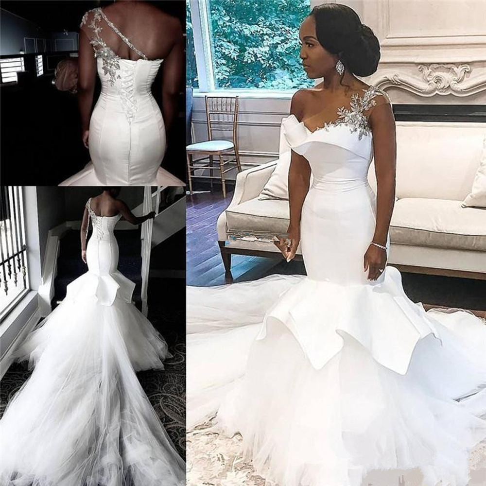 

2021 New Dressed As An African Bride Lace Strapless Wedding Mermaid Sweep Train Bride's Dress Custom-made for Black Girls TA94, Ivory