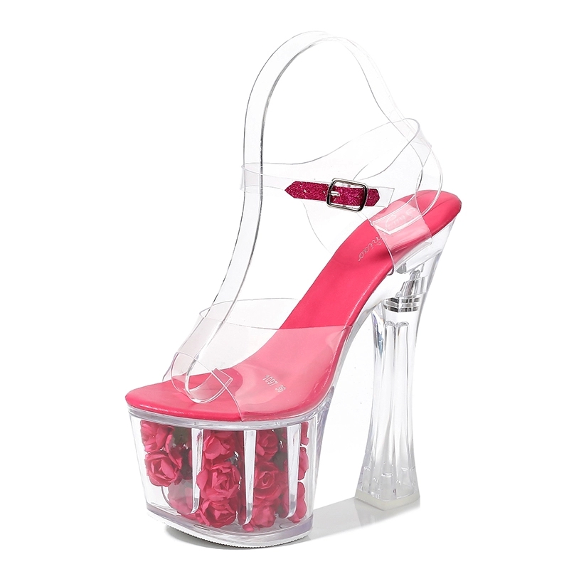 

Wedding Shoes Women Model Shoes Thick Heels Super High heels 17cm Roses Waterproof Fishmouth Sandals Transparent Crystal #oL7J, Black