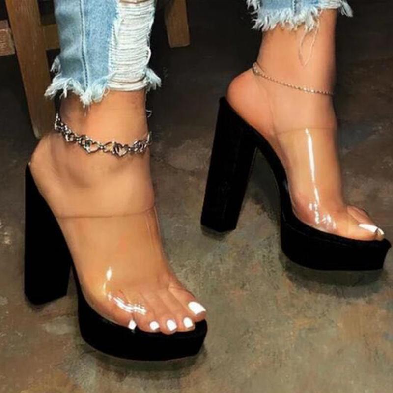 

2020 Summer Women Transparent High Heels Sandals Shoes Woman Fashion Ladies Thick Platform black Sandals Open Toe Female Shoes, White