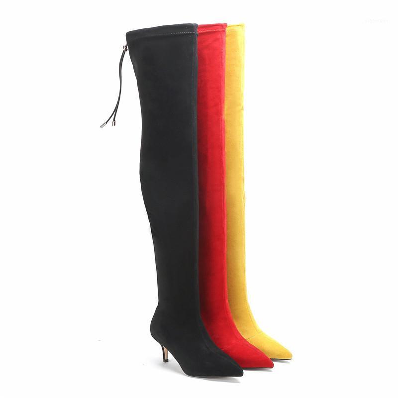

YECHNE 2020 Woman Long Boots Knee High Boots Square Metal Heel High Heeled Pointy Sexy Elasticity Thin Wool1, Black