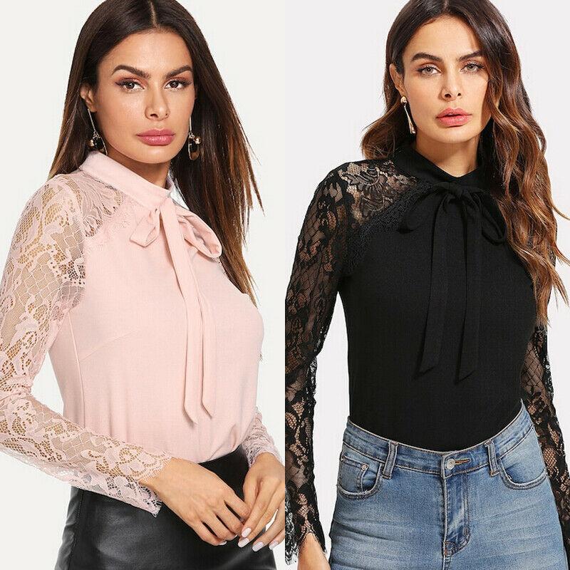 

Berets Women Lace Floral Long Sleeve Tie Neck Blouse Ladies Party Casual Formal Tops UK, White