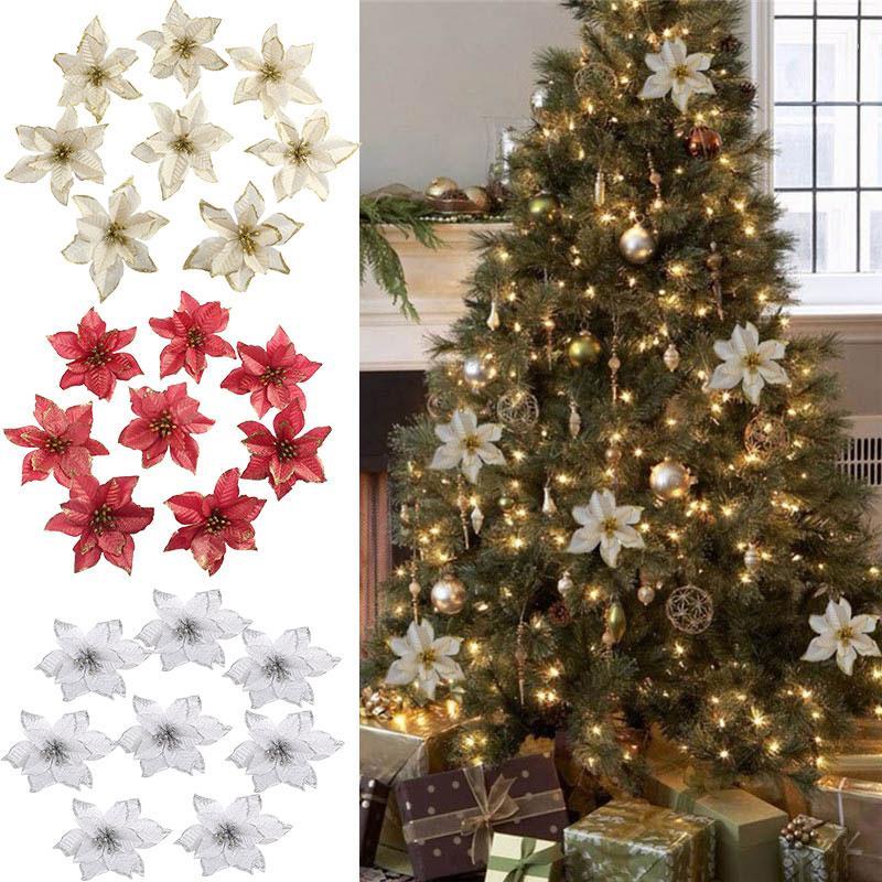 

13cm Big Flower Head Glitter Artificial Silk Flower Christmas Tree Ornament DIY Christmas Decoration New Year Decor Navidad 20201, F03 yellow