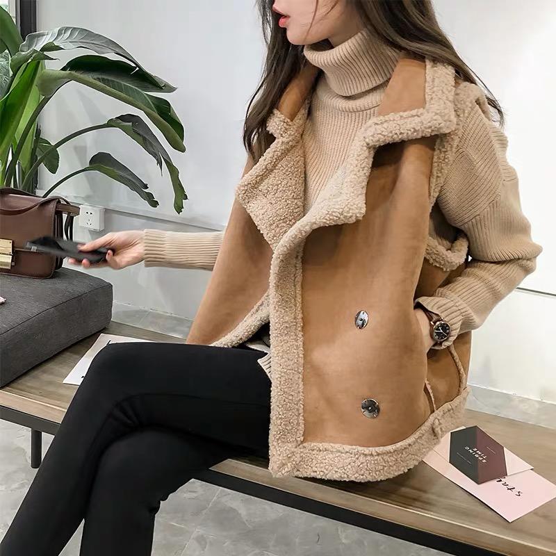

2021 Winter Autumn Thick Jacket Solid Warm Plus Size Loose Sleeveless Vest Suede Coat Female Overcoat, Beige