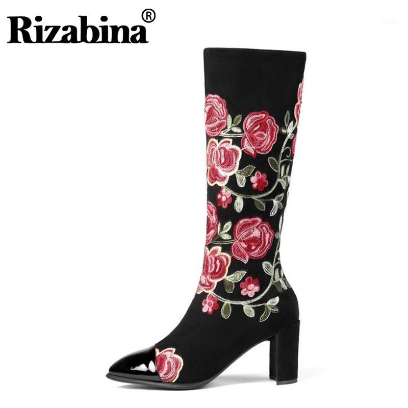 

RizaBina Women Retro Genuine Leather Classics Knee High Boots Zipper High Quality Pointed Toe Winter Boots Footwear Size 33-431, Black