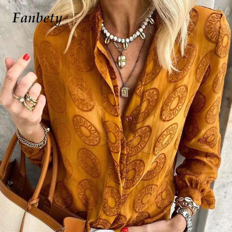 

Women Vintage Print Turn-down Collar Blouses Office Ladies Autumn Long Sleeve Button Shirts Casual Streetwear Female Shirt Blusa, 01 black dot