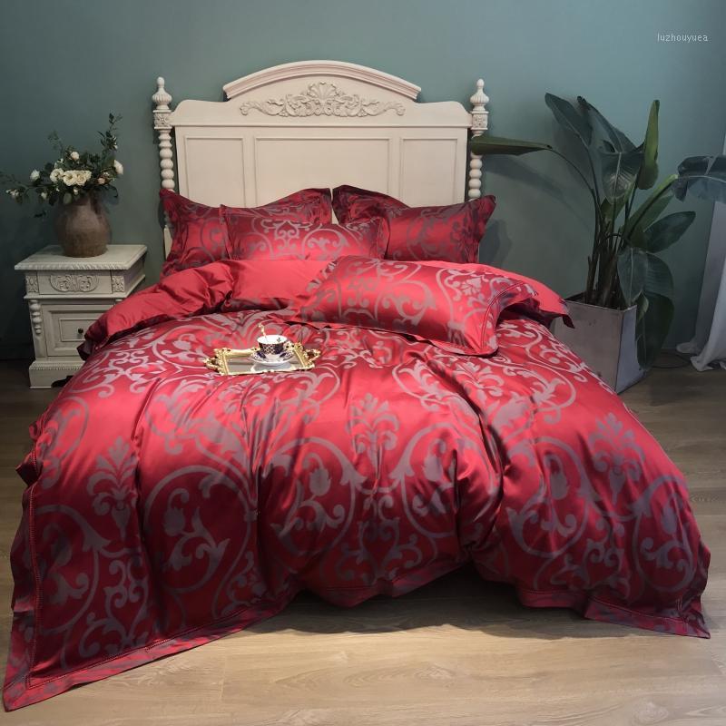 

4 Piece Chinese Wedding Bedspread Red Grey Jacquard Bedding Sets King Size 100s Egyptian Cotton Quilt Covers Queen Silky Linens1, 14