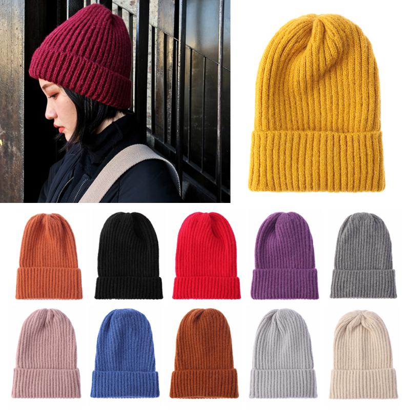 

New Winter Soft Thicken Warm Hedging Cap Solid Color Wool Knit Beanies Women Fashion Casual Hat Slouchy Bonnet Ski Hat