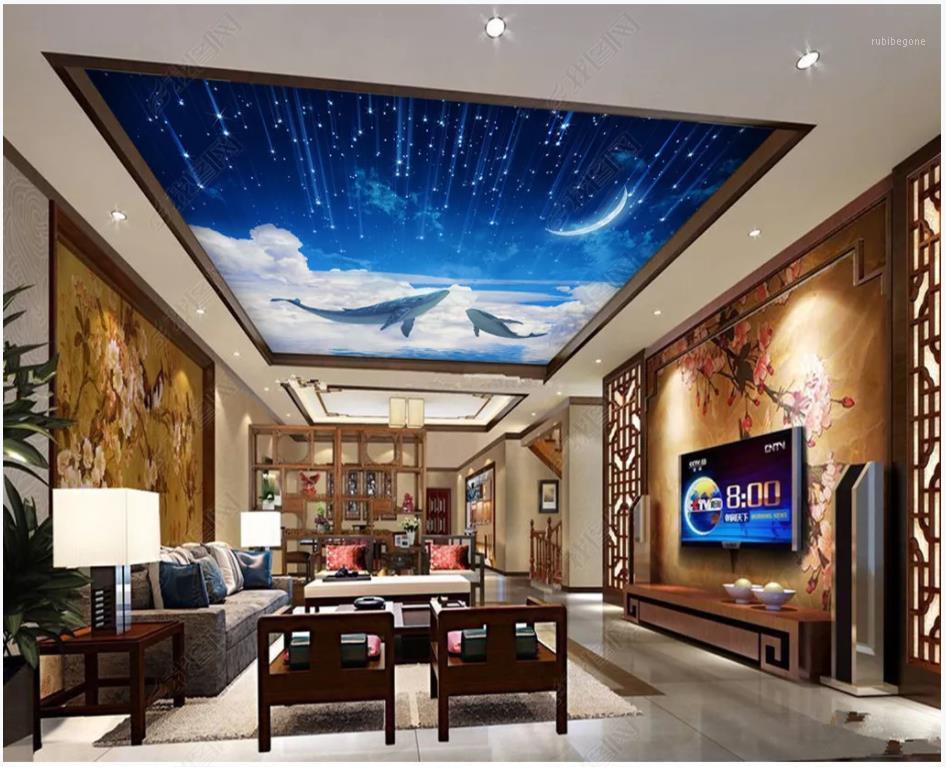 

Custom photo wallpapers 3d ceiling wallpaper Beautiful dream starry sky moon white cloud big fish living room zenith ceiling1, As pic