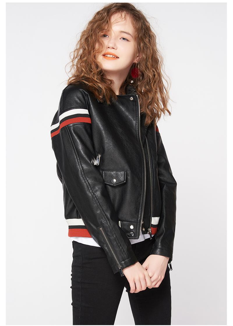 

Striped black Pu leather jacket female spring new handsome trend leather zipper letters printed motorcycle clothing jacket F101