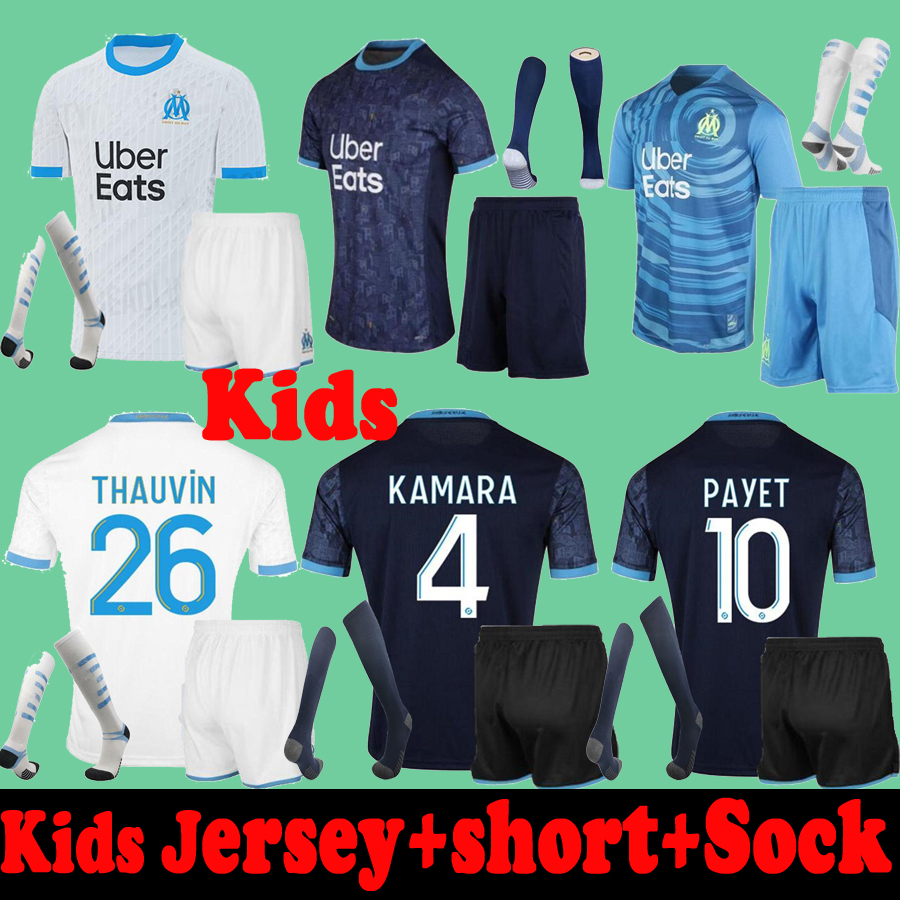 

20 21 Kids boys child Olympique de Marseille Soccer Jerseys + Shorts + Socks 2020 2021 enfants OM KAMARA LOPEZ Football Shirts Uniform Set, Kids third with patch