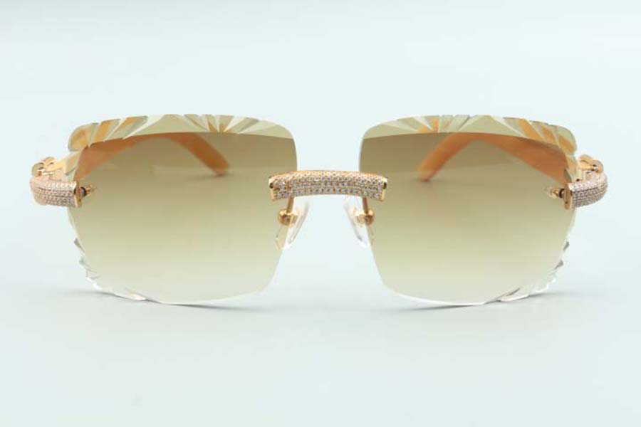 

2021 Newest style natural white buffalo horns temples sunglasses 3524020, cutting lens micro-paved diamonds glasses, size: 58-18-140mm