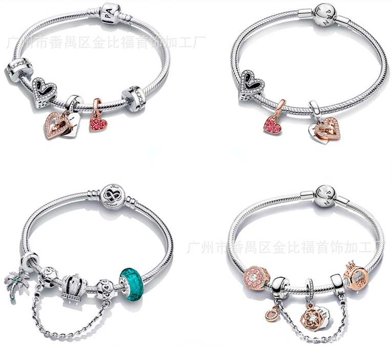 

Genuine S925 Sterling Silver Fit Pandora Love Heart Bracelet Set Tanabata Valentine's Day DIY Bead Love Heart Blue Crysta Charm For Bra, Black