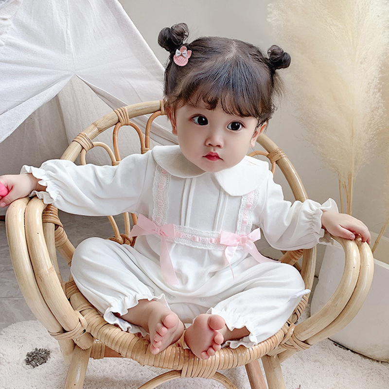 

2021 New Baby Girls Rompers Peter Pan Collar Infant Newborn Cotton Clothes Jumpsuit for 0-2y Toddlers Bebe Outfits with 2 Bows Pink White 5h