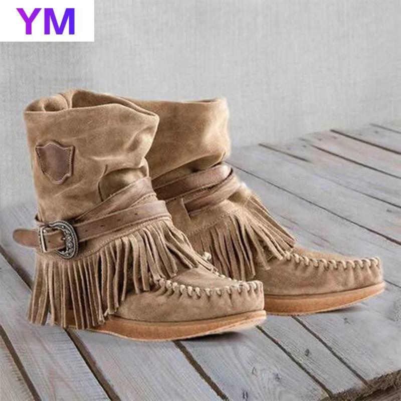 

2020 New Style Fashion Snow Boots Women Round Toe Low Heel Flat Heel Winter Ankle Boots Buckle Fringe Decoration Zapatos, Khaki