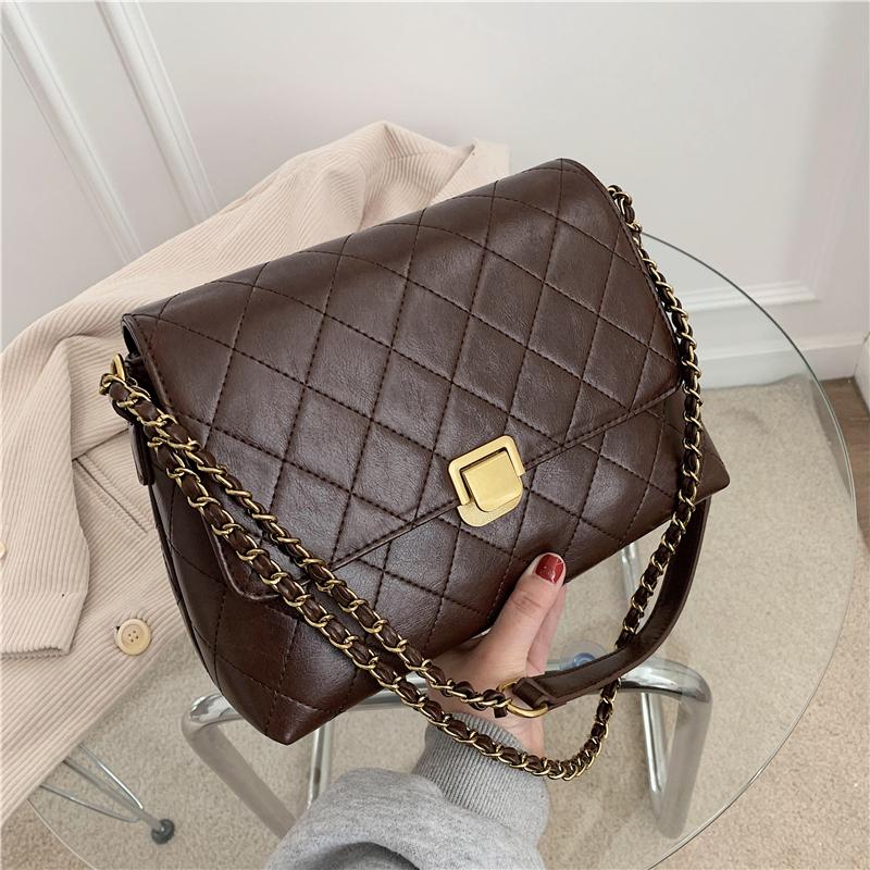 

European&American Popular Chains Women Shoulder Bag Diamond Lattice Fashion Bag for Women Casual Tote Simple Lux Woman Handbag, Black
