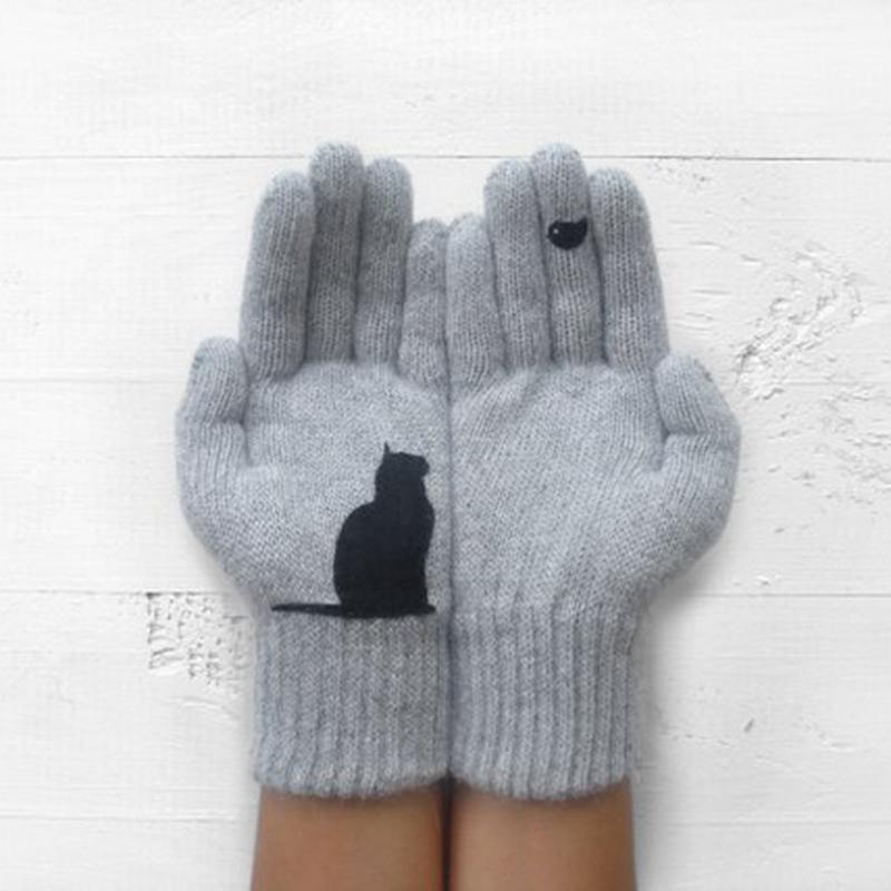 

Five Fingers Gloves 1 Pair Winter Warm Cold Cashmere Thick Cartoon Cat Print Wool Knitted Full Finger Men Women Soft Knitwear Mittens