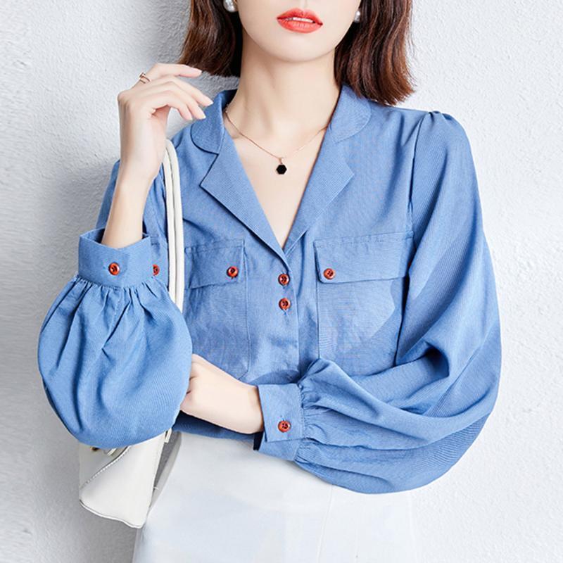 

Korean Version Japanese Blouse Spring The New Fashion Temperament Commute Pocket Lapel Lantern Sleeve Coat1, Blue