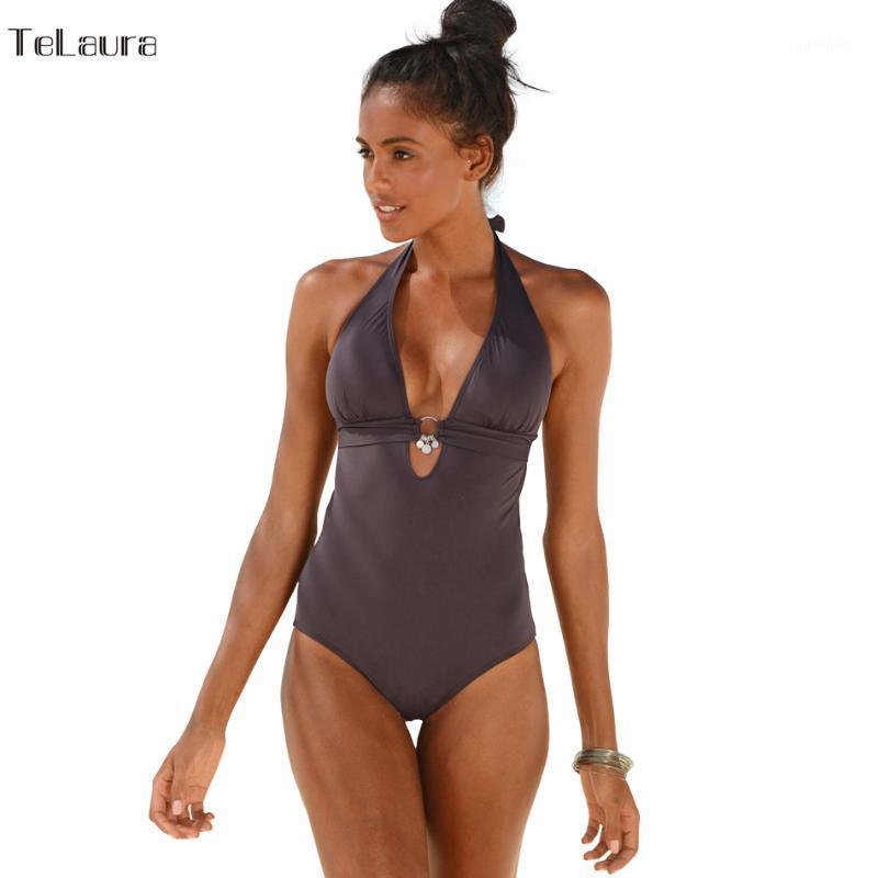 

2020 New One Piece Swimsuit Women Vintage Bathing Suits Halter Plus Size Swimwear Push Up Sexy Monokini Summer Beach Wear Swim1, Brown