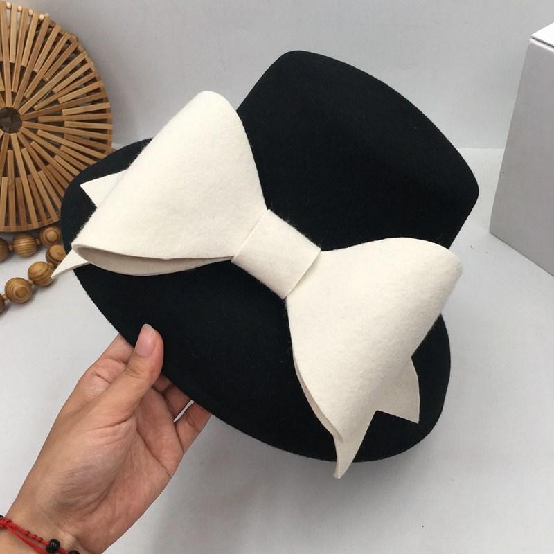 

British Socialite Hepburn Wind Small Big Brim Fashion Show Face Basin Hat Bowknot Japanese Female Qiu Dong Small Fisherman, Black
