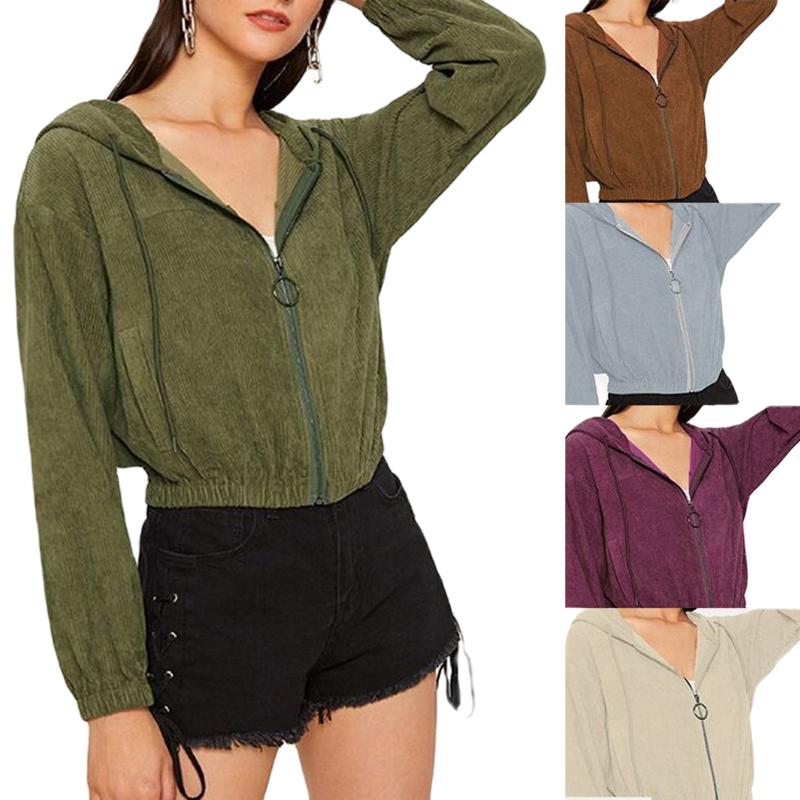 

Autumn Corduroy Cardigan Coats Women' Loose Long Sleeve Hoodies Jackets With Zipper Tracksuit Top Drawstring Hooded Sweatshirt