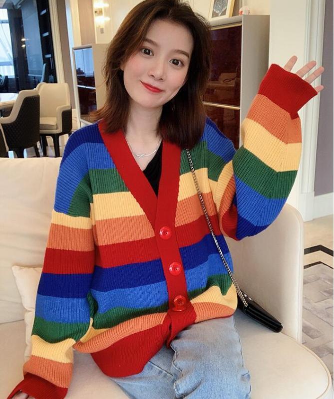 

Autumn new loose rainbow striped knit cardigan sweater women, As pic
