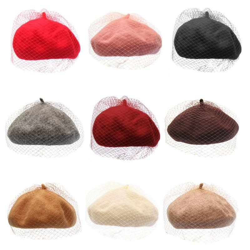 

Ladies Women Autumn Winter Warm Wool Beret Cap Mystery Net Veil Style Female Outdoor Elegant Beanies Bonnet Hat 449B, Wr