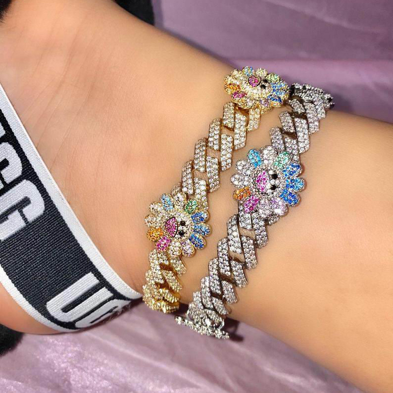 

New parking cz baguette Rainbow Sunflowe anklet 12mm iced out bling cz Miami cuban link silver color flowers women jewelry F1219, Red;blue
