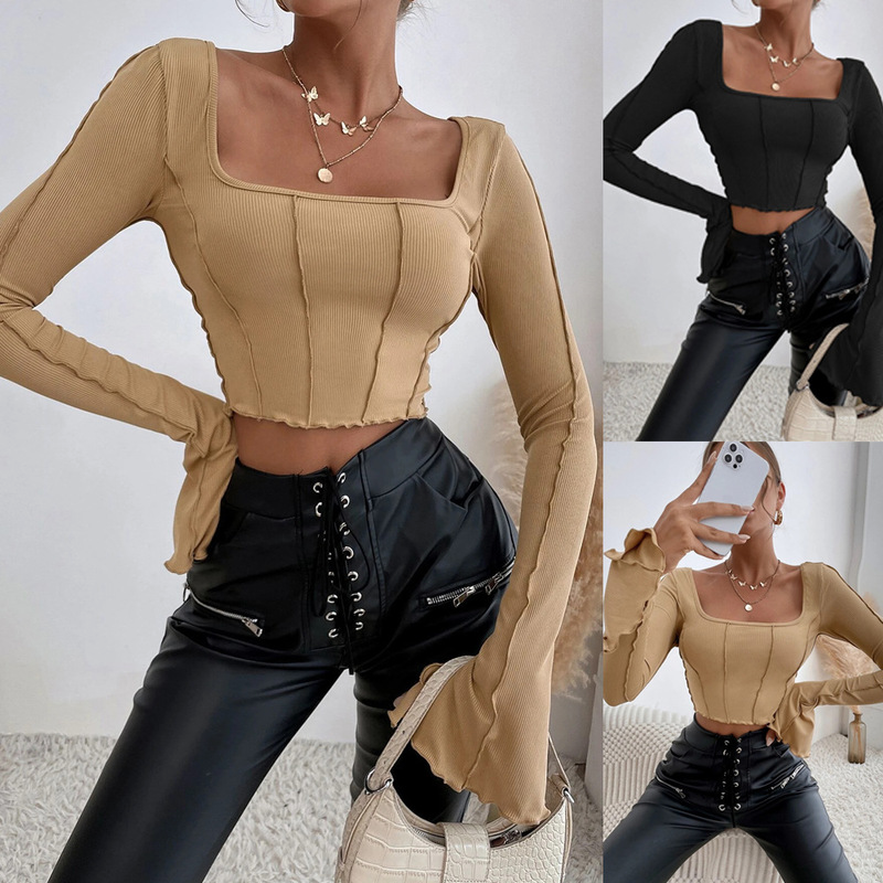 

Women's Amazon 2021 autumn and winter models Slim long-sleeved square neck pullover knit top T-shirt women, White