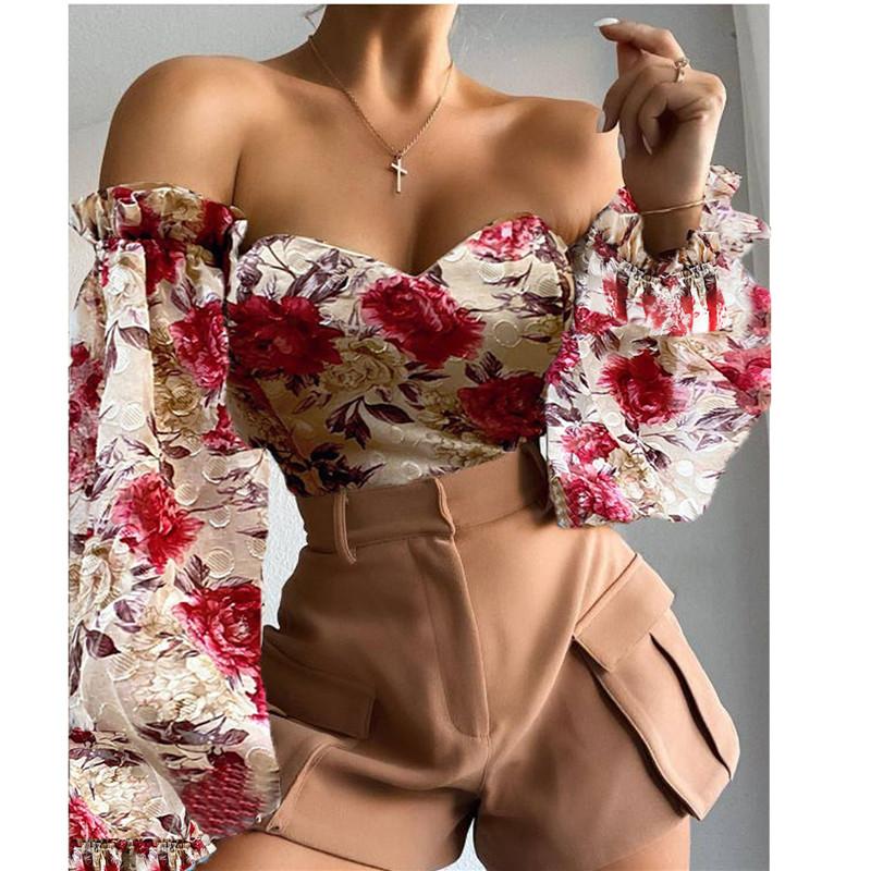 

Women' Blouses & Shirts 2022 Autumn Puff Sleeve Vintage Blouse Women Floral Long Corset Crop Tops Sexy Elegant Female