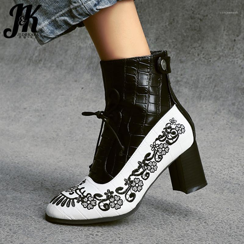 

JK Emboss Pu Ankle Boots Women High Heels Booties Ladies Shoes Female Round Toe Embroider Shoes Female Lace Up Winter1, Black fur