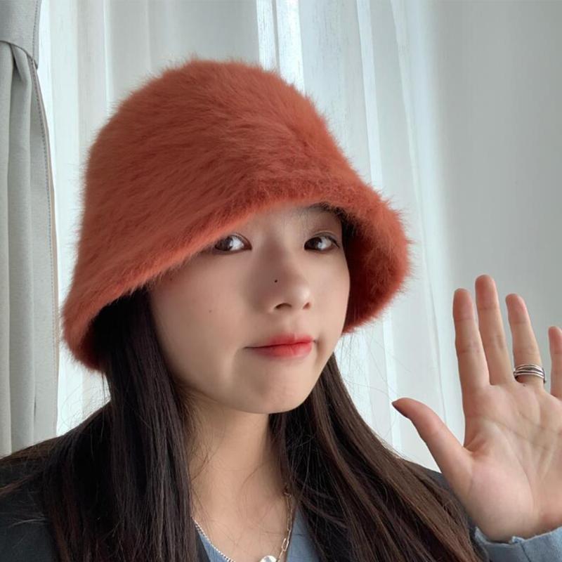 

Winter Women Hat Solid Color Fur Hats Fisherman Bucket Cap Girl Retro Knitted Wool Basin Caps Lady Fashion Accessories, Green