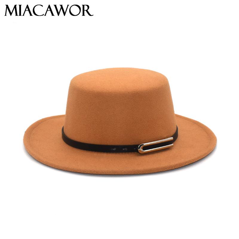 

Wide Brim Hats MIACAWOR Fashion Winter Autumn Wool Fedora Hat Women Flat Top Bowler Man Jazz Elegant Lady P24, Black