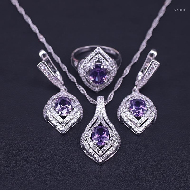 

Earrings & Necklace Ring Set Top Purple Cubic Zirconia Silver 925 Jewellry For Women Bridal Jewelry Party/wedding/engagement1, As pic