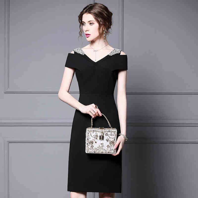 

Casual Dresses Zhili gentle wind French dress women' summer nail drill off shoulder high waist light cooked Hepburn small black skirt 5CBR