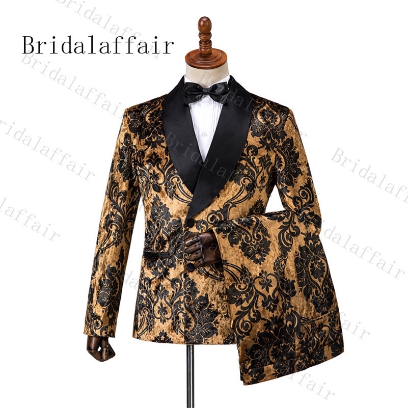 

Bridalaffair Black Flower Brown Velvet Men Wedding Prom Dress Suits Double Breasted Men Suits Groom Party Tuxedo 3 Pieces 201106, As image color