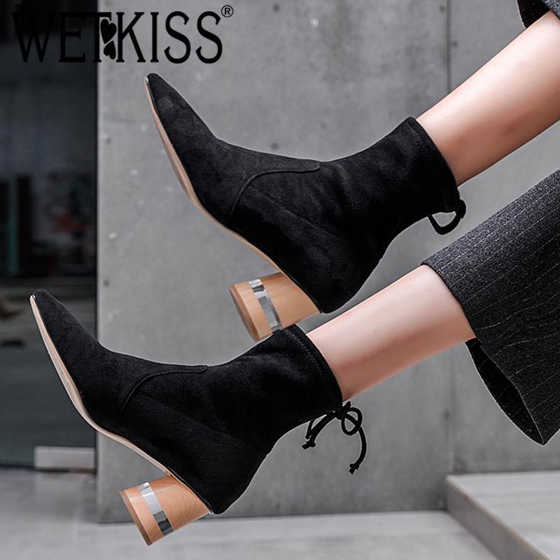

WETKISS Wood Transparent High Heels Women Boots Square Toe Fur Suede Footwear Stretch Female Boot Sock Shoes Woman 2020 Autumn1, Black