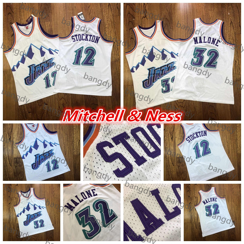 

Mitchell&Ness Vintage Mens John Stockton Jersey 12 Karl Malone 32 Dense AU Fabric Embroidered Stitched Logos Basketball Jerseys White, Black;red