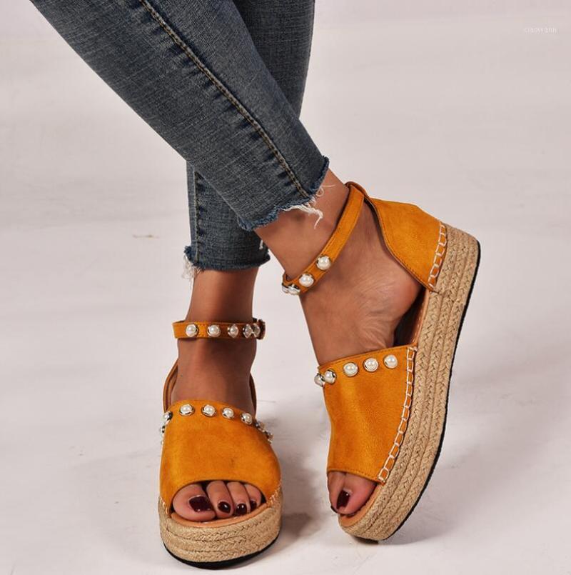 

2020 Wedges Sandals Large Size 43 Rope Fish Mouth Suede Pearl Platform Buckle Women Shoes WOMEN'S Sandals Zapatos De Mujer1, Yellow