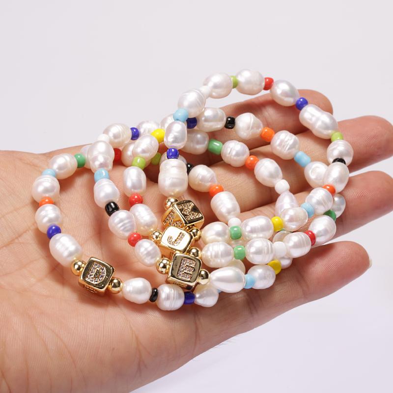 

Boho Gold Initial Copper CZ 26 Alphabet Letter Name Natural Freshwater Pearl Rice Beaded Charm Unisex Bracelet Daily Jewelry