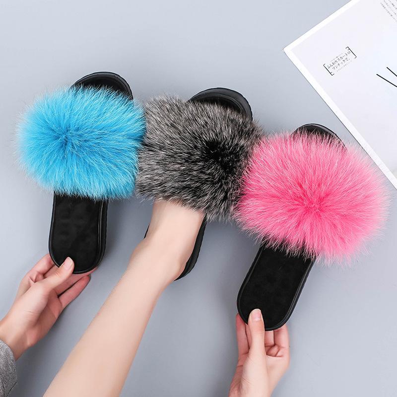 

Real Fur Slippers Slides High Quality Raccoon Fur Flip Flops Summer Sandals Shoes Indoor Flat Vogue Party Ladies Shoes1, As pic show