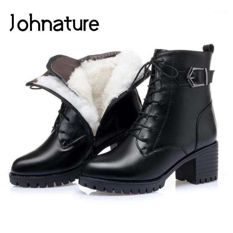 

Johnature Ankle Thick Women Boots 2020 New Winter Women Shoes Genuine Leather Round Toe Zip Sewing Wool Handmade Platform Boots1, Black plush