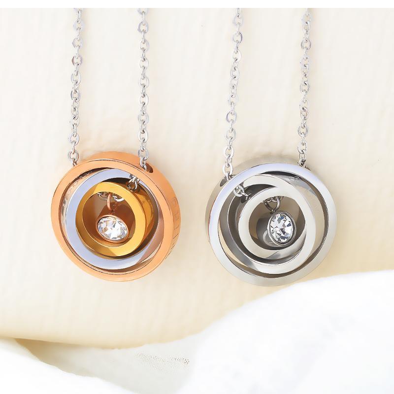 

High quality have contracted personality temperament trichromatic three-ring clasped set auger stainless steel lovers necklace1