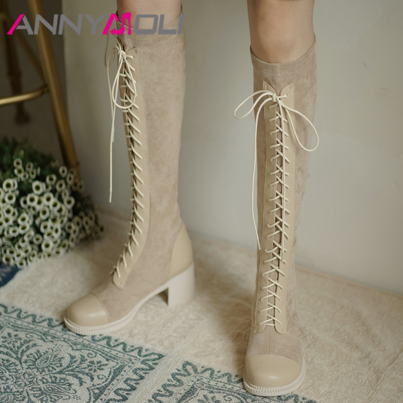

ANNYMOLI Women Long Boots Shoes Real Leather Mid Heel Knee High Boots Lace Up Block Heels Lady Stretch Autumn Winter Black, Black synthetic lin