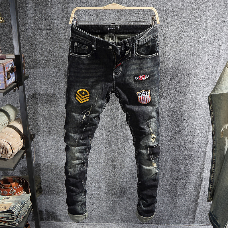 

2021 New Fashion Streetwear Black Blue Color Slim Fit Patches Designer Ripped Men Punk Pants High Quality Hip Hop Jeans Pnof
