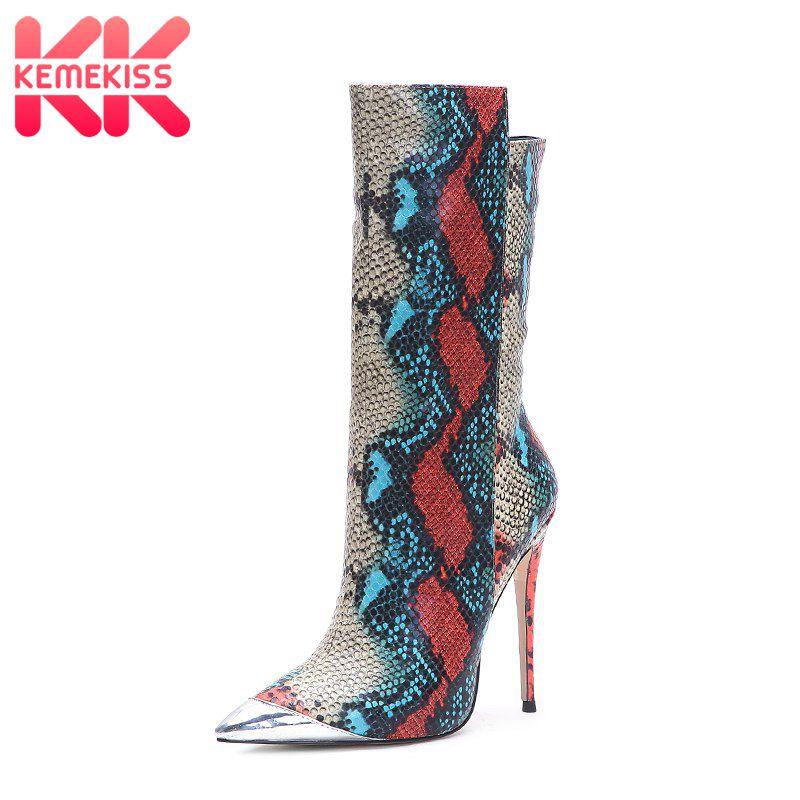 

KemeKiss Big Size 34-45 Winter Boots Women High Heels Mid Calf Boots Fashion Snake Print Metal Pointed Toe Autumn Shoes Women, Ivory