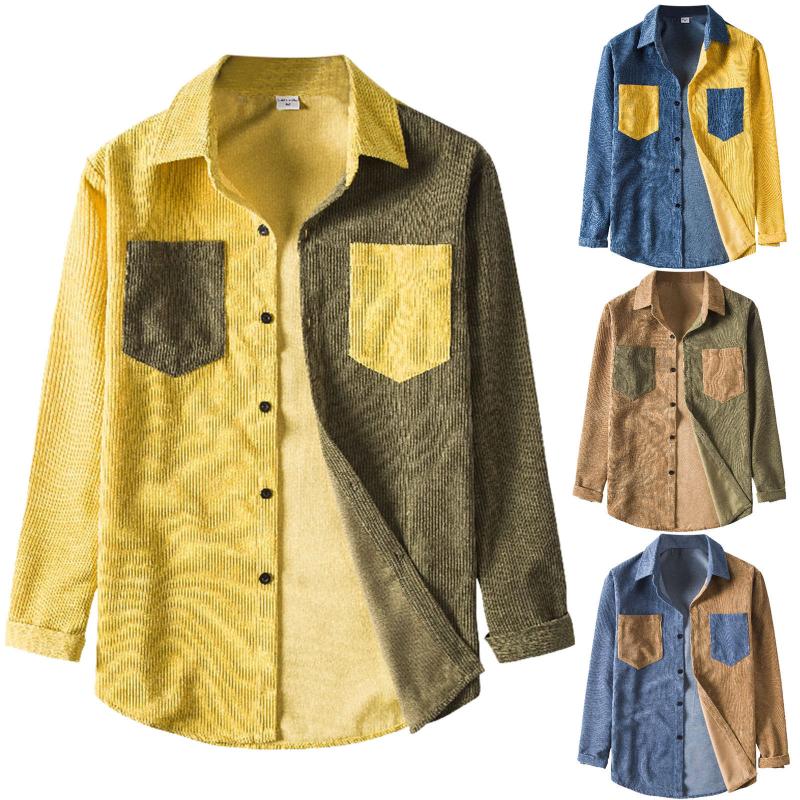 

2021 New Man Shirts Collared Corduroy Long Sleeve Fashion Trend Stitching Color Casual Comfortable Shirt Abbigliamento Da Uomo, Bu