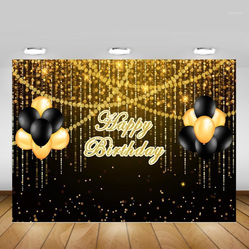 

Golden Glitter Happy Birthday Backdrop Photocall Bokeh Balloons Adult Birthday Party Photo Background Black Gold Dots Backdrops1