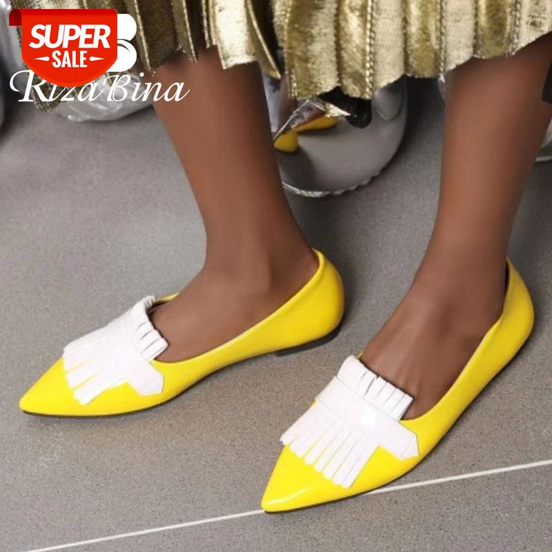 

RizaBina 2020 Women Flat SHOES Pointed Toe Slip On Pu Leather Candy Color Mixed Color Fashion Ladies Footwear Plus Size 31-48 #ji47, Black